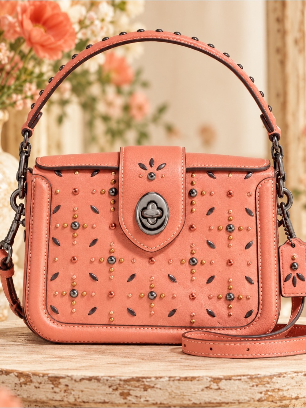Coach Page Prairie Rivets Coral Pink Leather Studded Turnlock Shoulder/Cross Bag